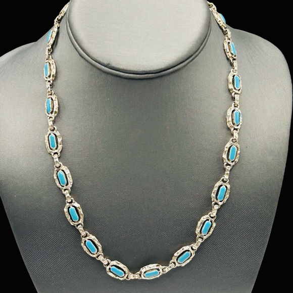 Vintage Jewelry - Vintage Sterling Mexico Blue Enamel Link Necklace